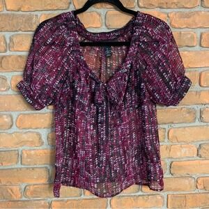 Ava & Grace Sheer Blouse Women Size Small Purple Pleated V-Neck Short Sleeve Top